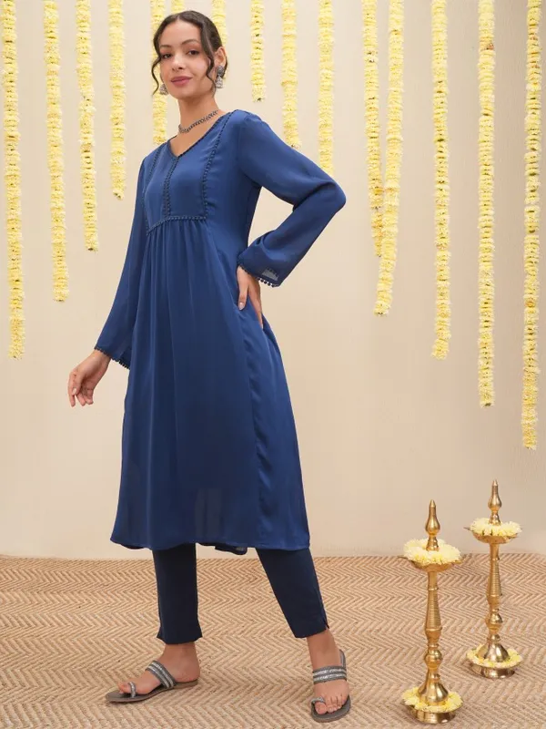 Vishudh Women Navy Blue Solid A-Line Kurta