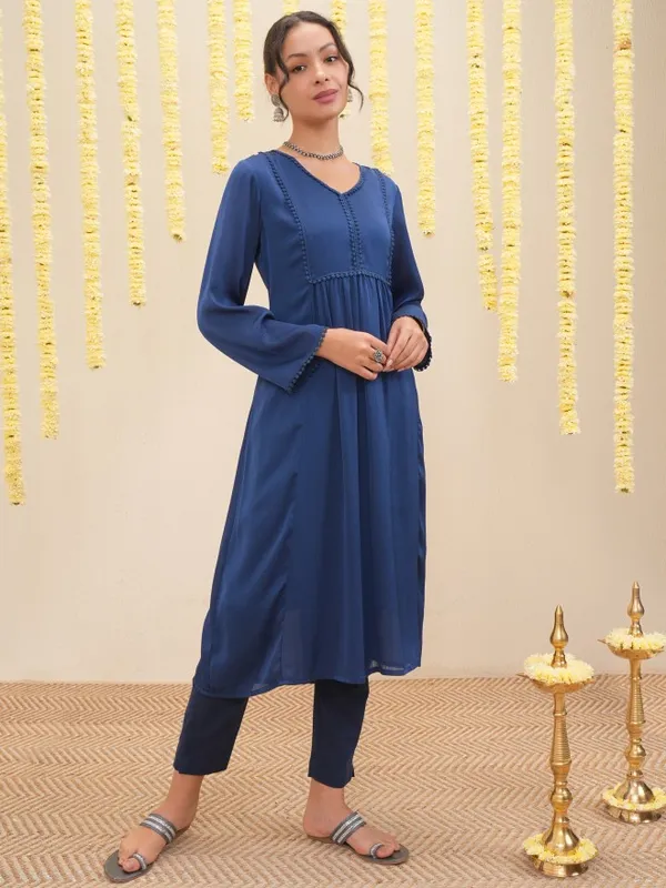 Vishudh Women Navy Blue Solid A-Line Kurta