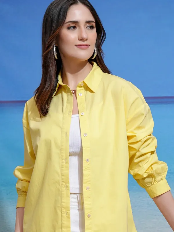 Tokyo Talkies Women Yellow Solid Regular Fit Casual Shirt