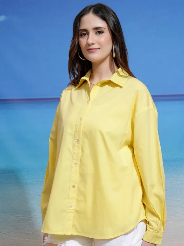 Tokyo Talkies Women Yellow Solid Regular Fit Casual Shirt