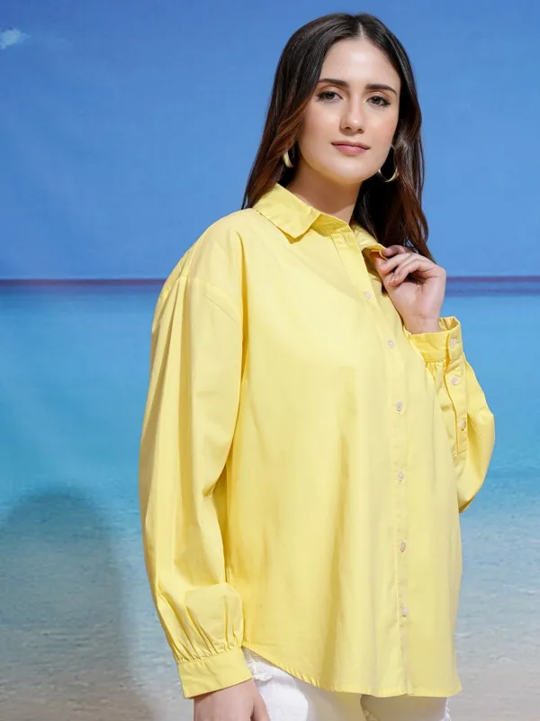 Tokyo Talkies Women Yellow Solid Regular Fit Casual Shirt