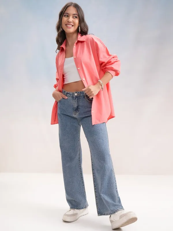 Tokyo Talkies Women Pink Solid Oversized Fit Casual Shirt
