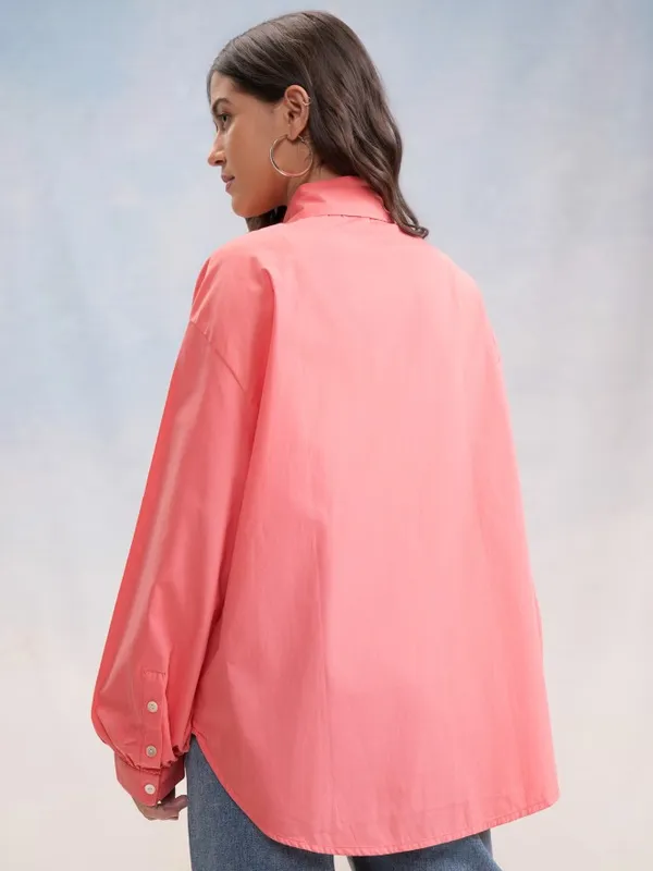 Tokyo Talkies Women Pink Solid Oversized Fit Casual Shirt