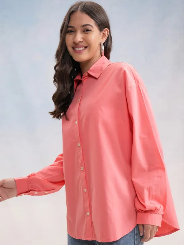 Tokyo Talkies Women Pink Solid Oversized Fit Casual Shirt