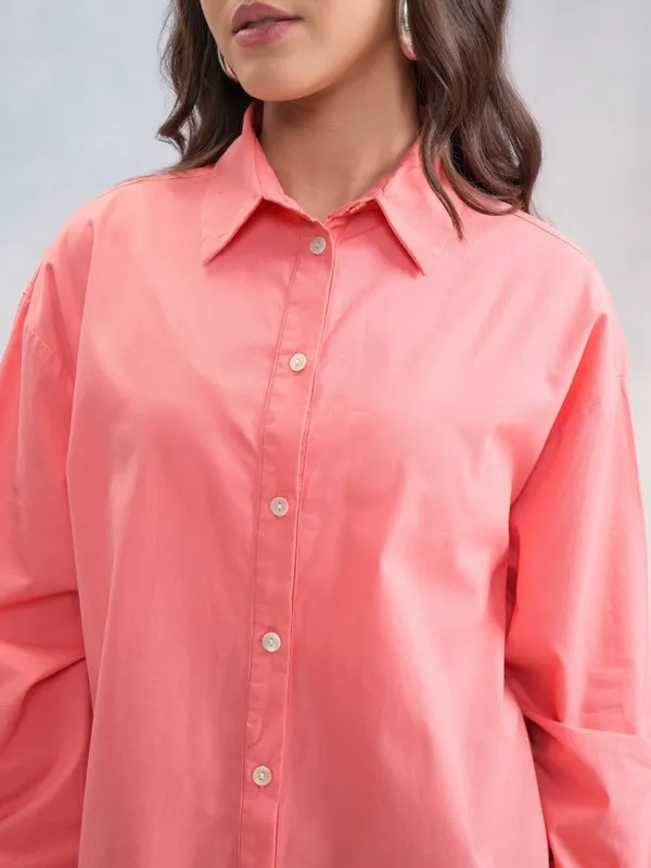 Tokyo Talkies Women Pink Solid Oversized Fit Casual Shirt