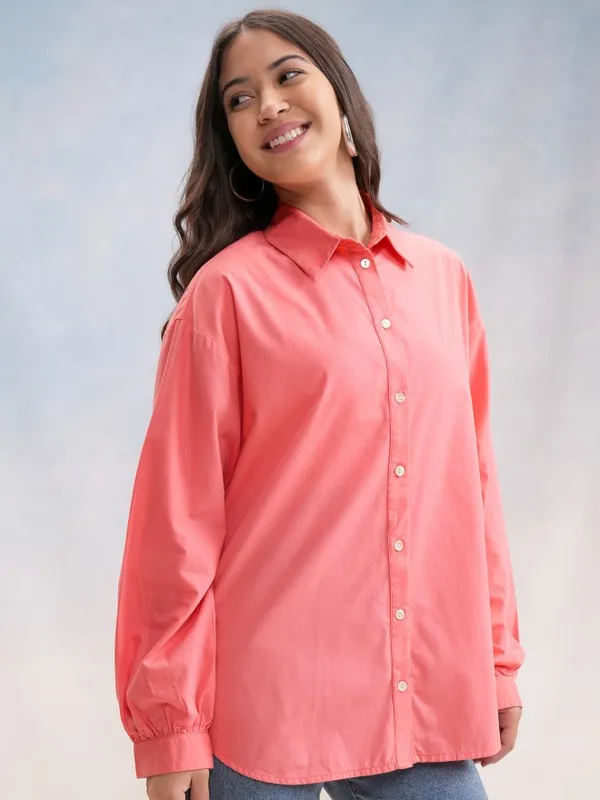 Tokyo Talkies Women Pink Solid Oversized Fit Casual Shirt