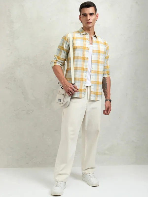 Highlander Men Mustard Checked Regular Fit Casual Shirt