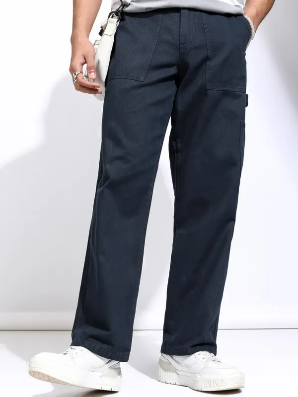 Highlander Men Blue Straight Fit Solid Cargos