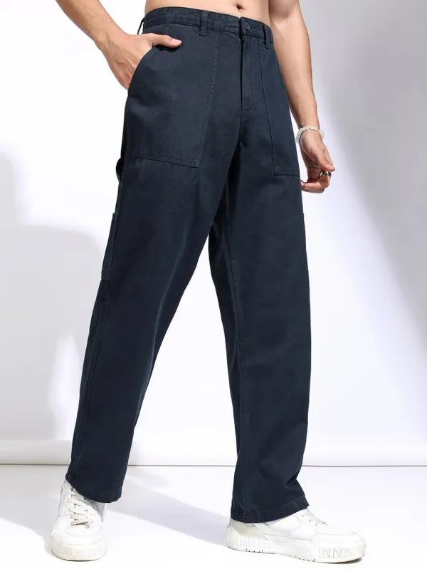 Highlander Men Blue Straight Fit Solid Cargos