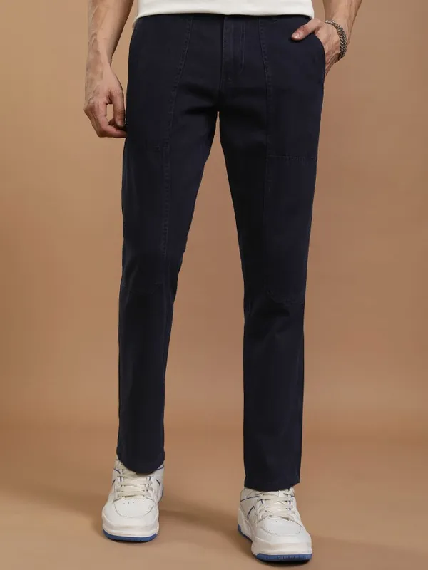 Highlander Men Blue Straight Fit Solid Casual Trousers