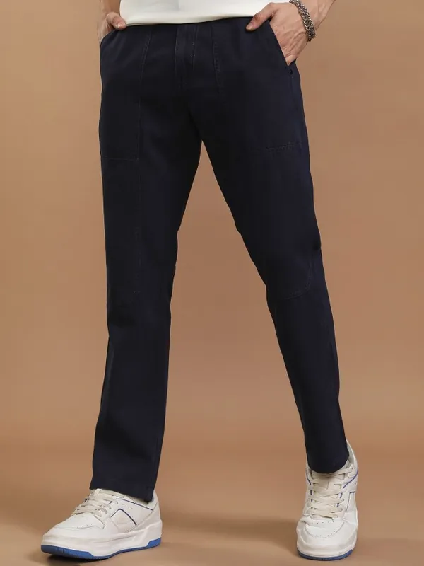 Highlander Men Blue Straight Fit Solid Casual Trousers