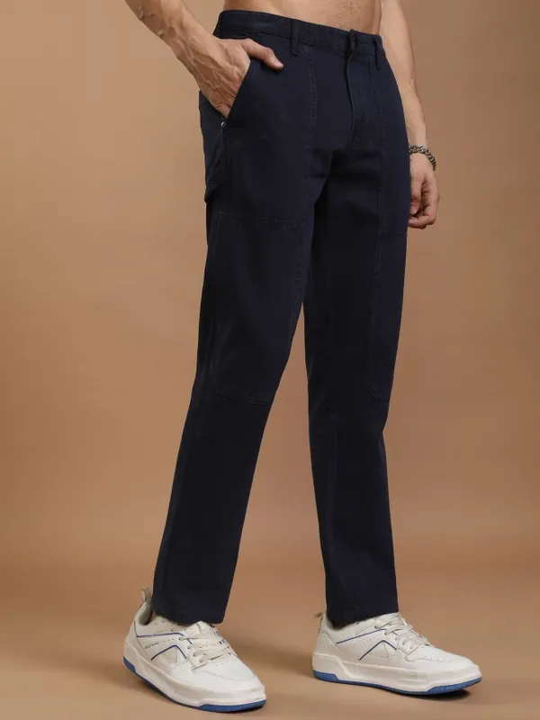 Highlander Men Blue Straight Fit Solid Casual Trousers
