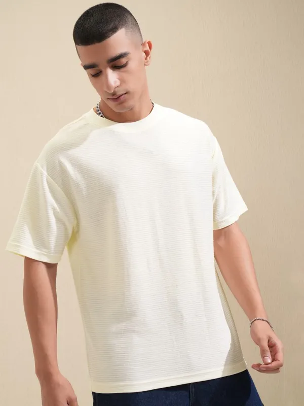 Highlander Men Off White Solid Round Neck Oversized Fit T-Shirt