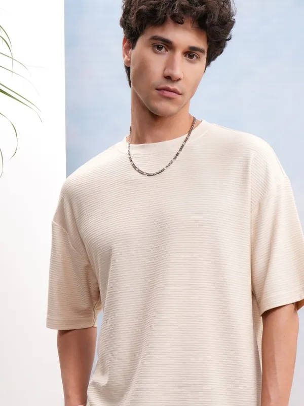 Highlander Men Cream Self Design Oversized Fit T-Shirt