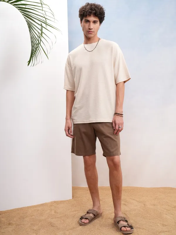 Highlander Men Cream Self Design Oversized Fit T-Shirt
