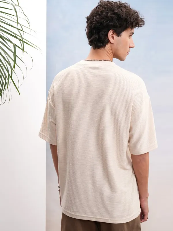 Highlander Men Cream Self Design Oversized Fit T-Shirt