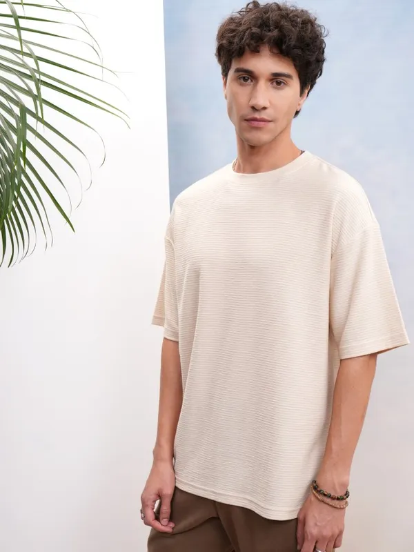 Highlander Men Cream Self Design Oversized Fit T-Shirt