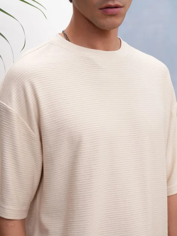 Highlander Men Cream Self Design Oversized Fit T-Shirt