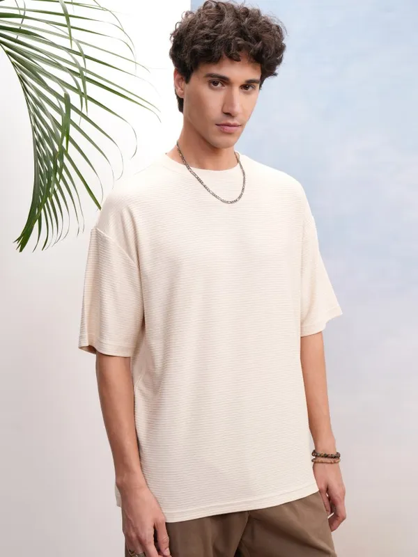Highlander Men Cream Self Design Oversized Fit T-Shirt