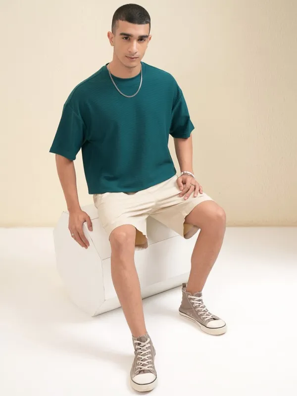 Highlander Men Teal Self Design Round Neck Oversized Fit T-Shirt