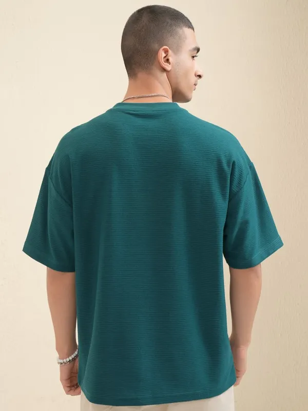 Highlander Men Teal Self Design Round Neck Oversized Fit T-Shirt