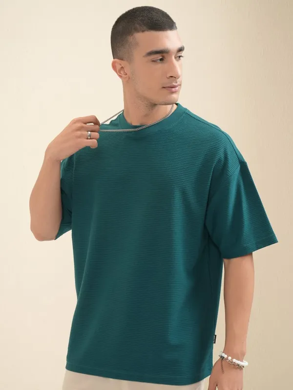 Highlander Men Teal Self Design Round Neck Oversized Fit T-Shirt