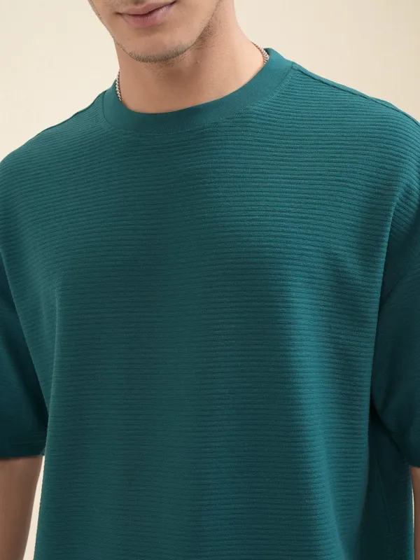 Highlander Men Teal Self Design Round Neck Oversized Fit T-Shirt