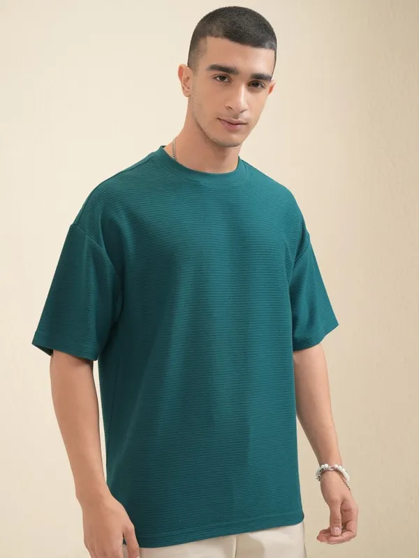 Highlander Men Teal Self Design Round Neck Oversized Fit T-Shirt
