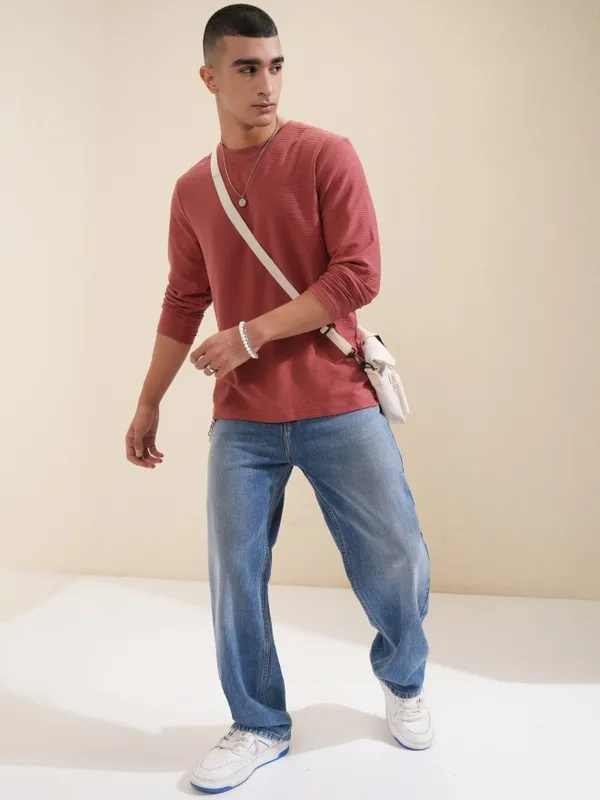 Highlander Men Rust Solid Round Neck Relaxed Fit T-Shirt