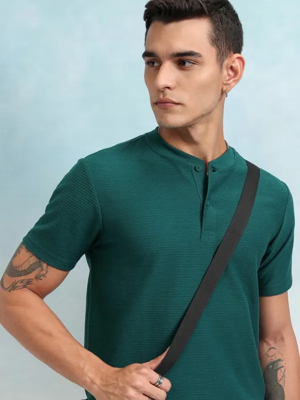 Highlander Men Teal Self Design Henley Neck T-Shirt