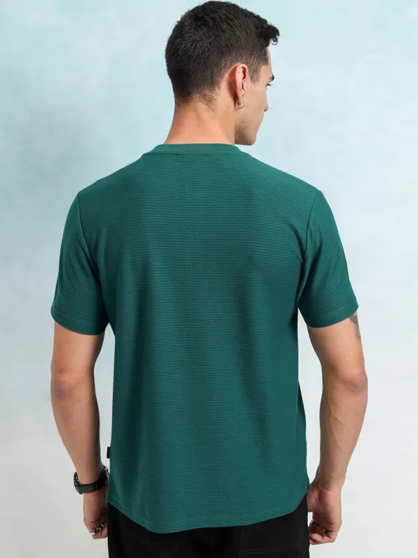 Highlander Men Teal Self Design Henley Neck T-Shirt