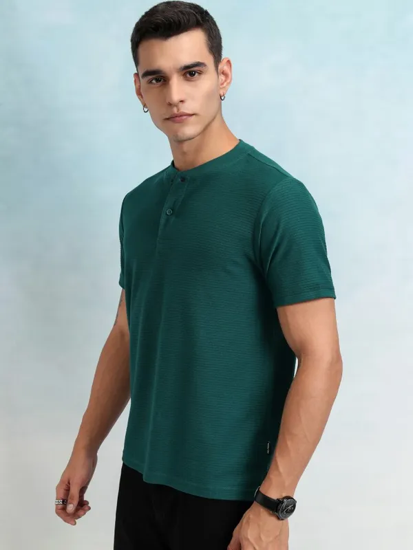 Highlander Men Teal Self Design Henley Neck T-Shirt