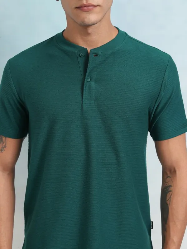 Highlander Men Teal Self Design Henley Neck T-Shirt