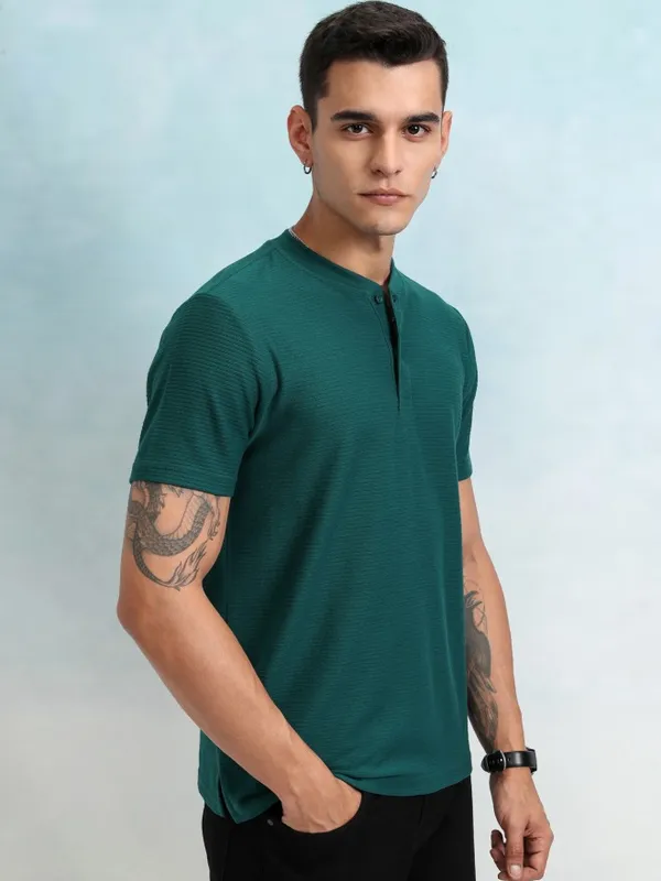 Highlander Men Teal Self Design Henley Neck T-Shirt