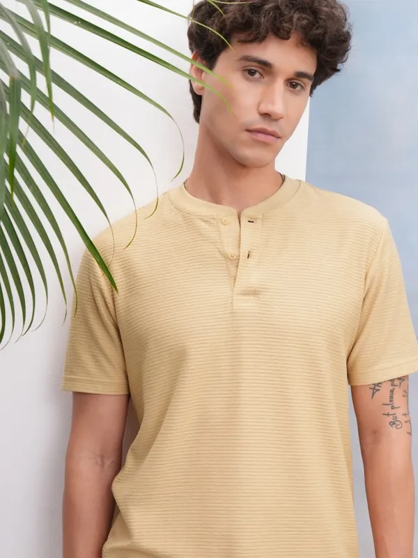 Highlander Men Beige Self Design Relaxed Fit T-Shirt