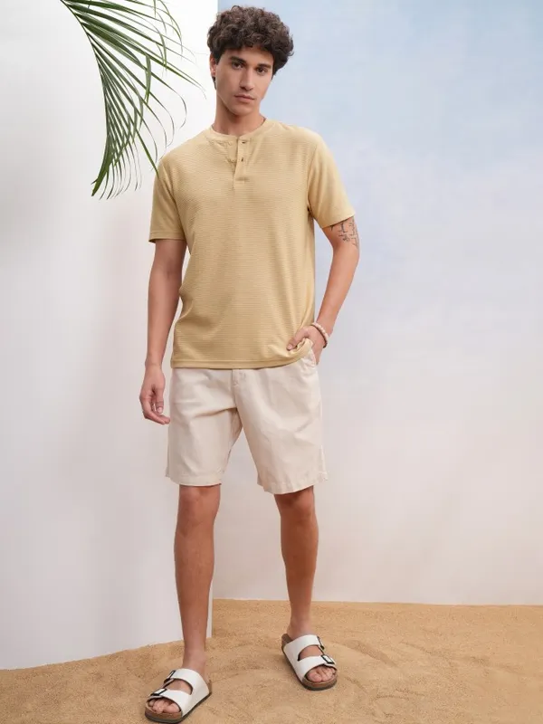 Highlander Men Beige Self Design Relaxed Fit T-Shirt