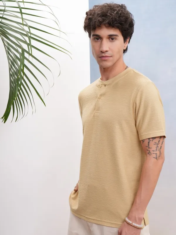 Highlander Men Beige Self Design Relaxed Fit T-Shirt