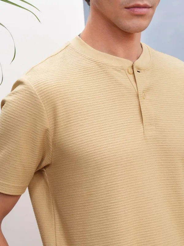 Highlander Men Beige Self Design Relaxed Fit T-Shirt