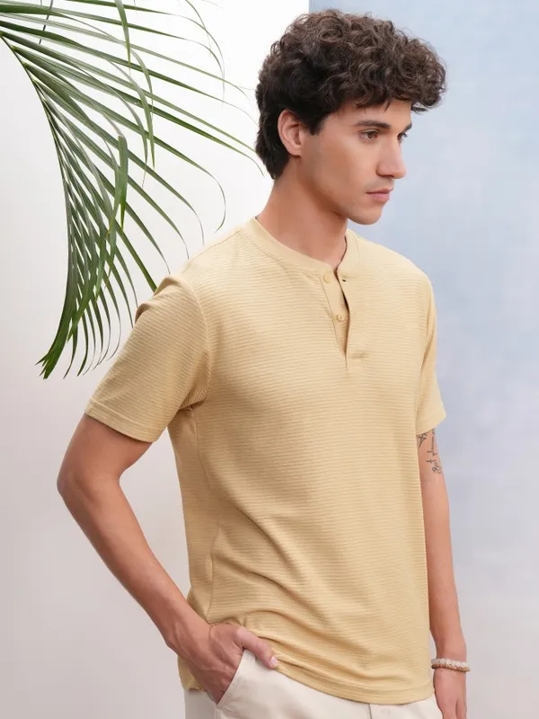 Highlander Men Beige Self Design Relaxed Fit T-Shirt