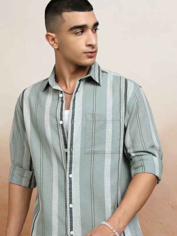 Highlander Men Green Striped Relaxed Fit Casual Shirts