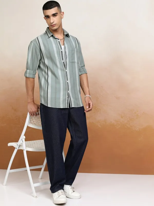 Highlander Men Green Striped Relaxed Fit Casual Shirts