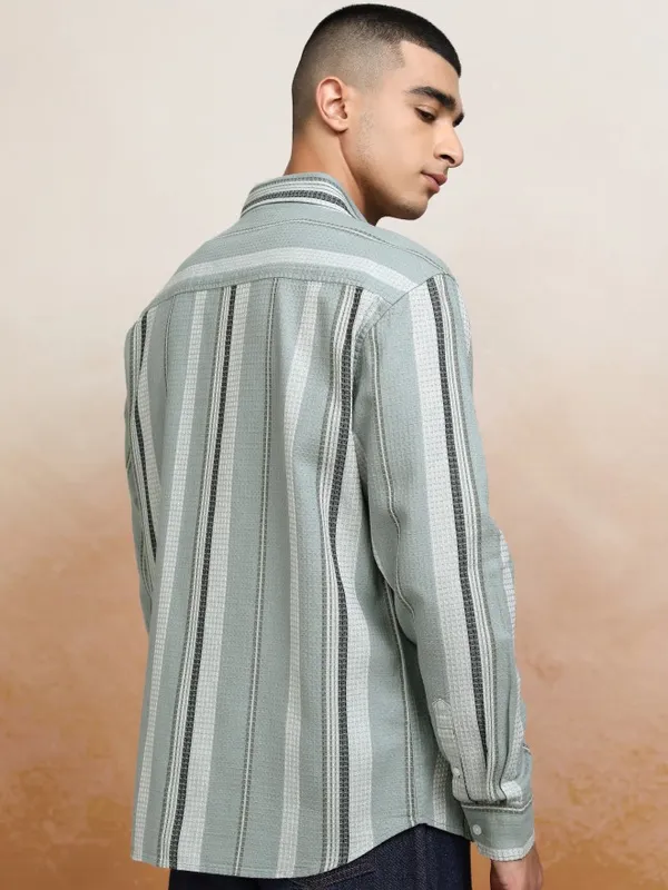 Highlander Men Green Striped Relaxed Fit Casual Shirts