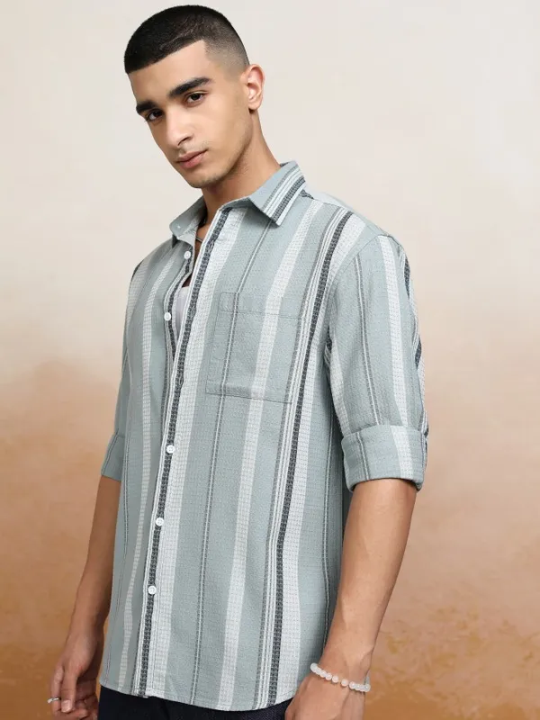 Highlander Men Green Striped Relaxed Fit Casual Shirts