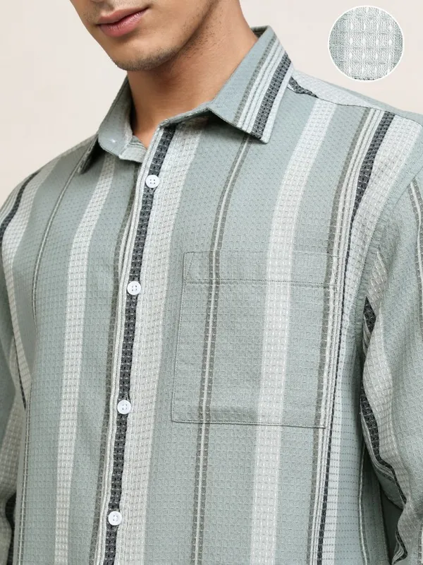 Highlander Men Green Striped Relaxed Fit Casual Shirts