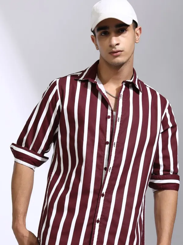 Highlander Men Maroon Striped Regular Fit Casual Shirt
