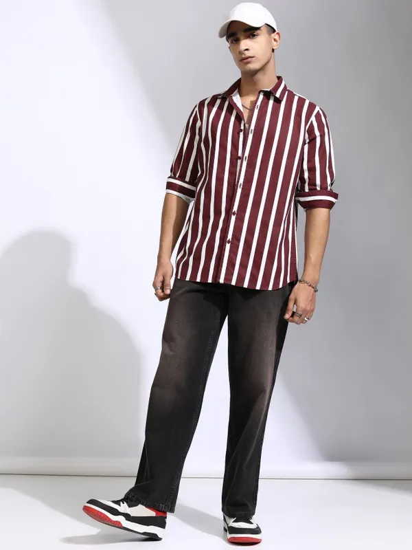Highlander Men Maroon Striped Regular Fit Casual Shirt