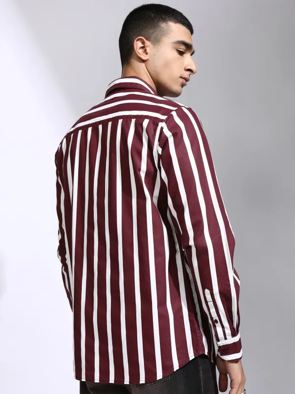 Highlander Men Maroon Striped Regular Fit Casual Shirt