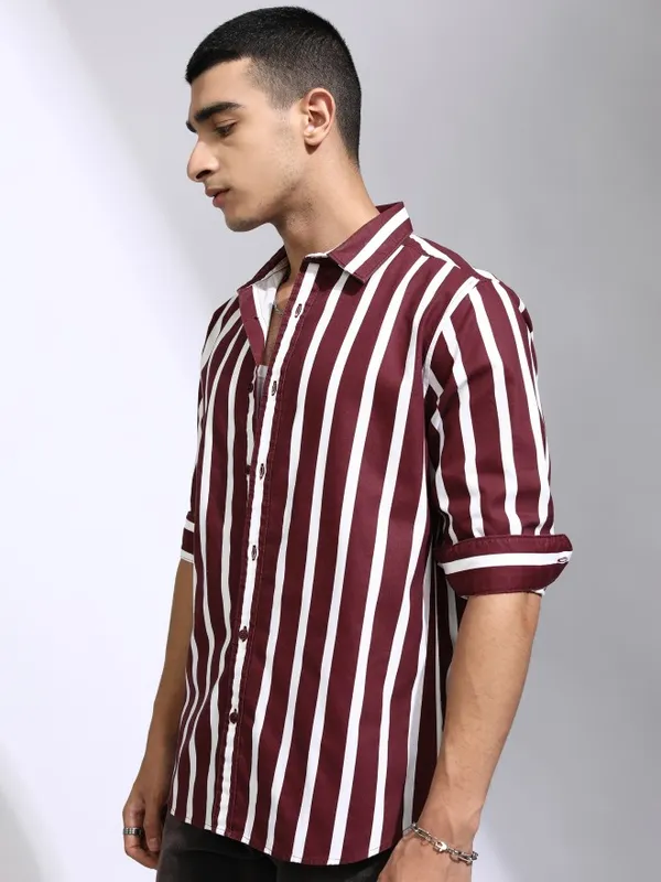 Highlander Men Maroon Striped Regular Fit Casual Shirt