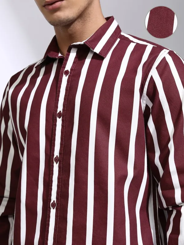 Highlander Men Maroon Striped Regular Fit Casual Shirt
