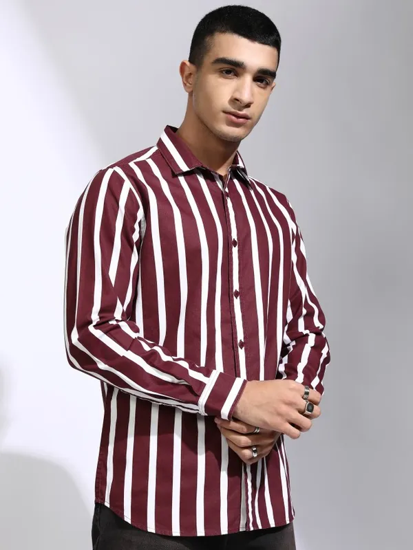 Highlander Men Maroon Striped Regular Fit Casual Shirt